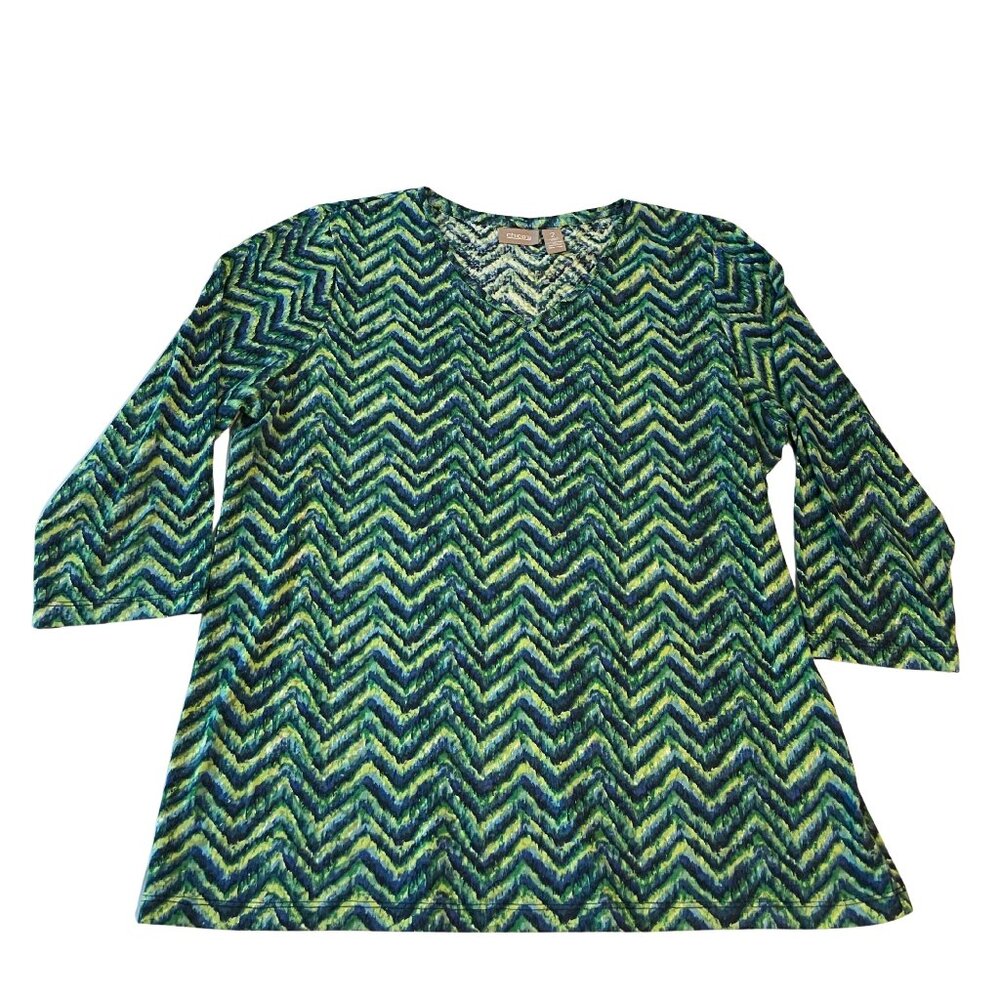 Chicos Top Women Size LARGE - 2 - 3/4 Sleeve Chevron blue/green